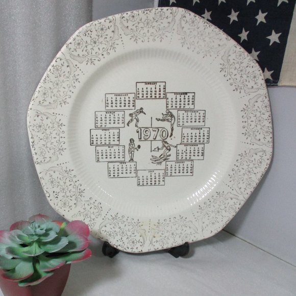 Vintage 1970 Calendar Birthday Year Ironstone  Plate Dish Sports Theme - Picture 1 of 7